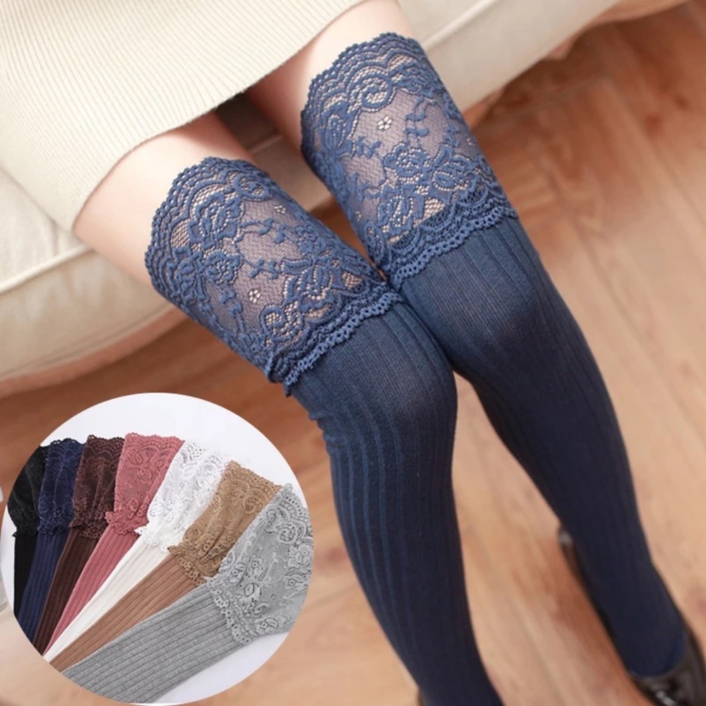 'All Laced Up' Blue Knee High Lace Ribbed Socks - Picture 8 of 8